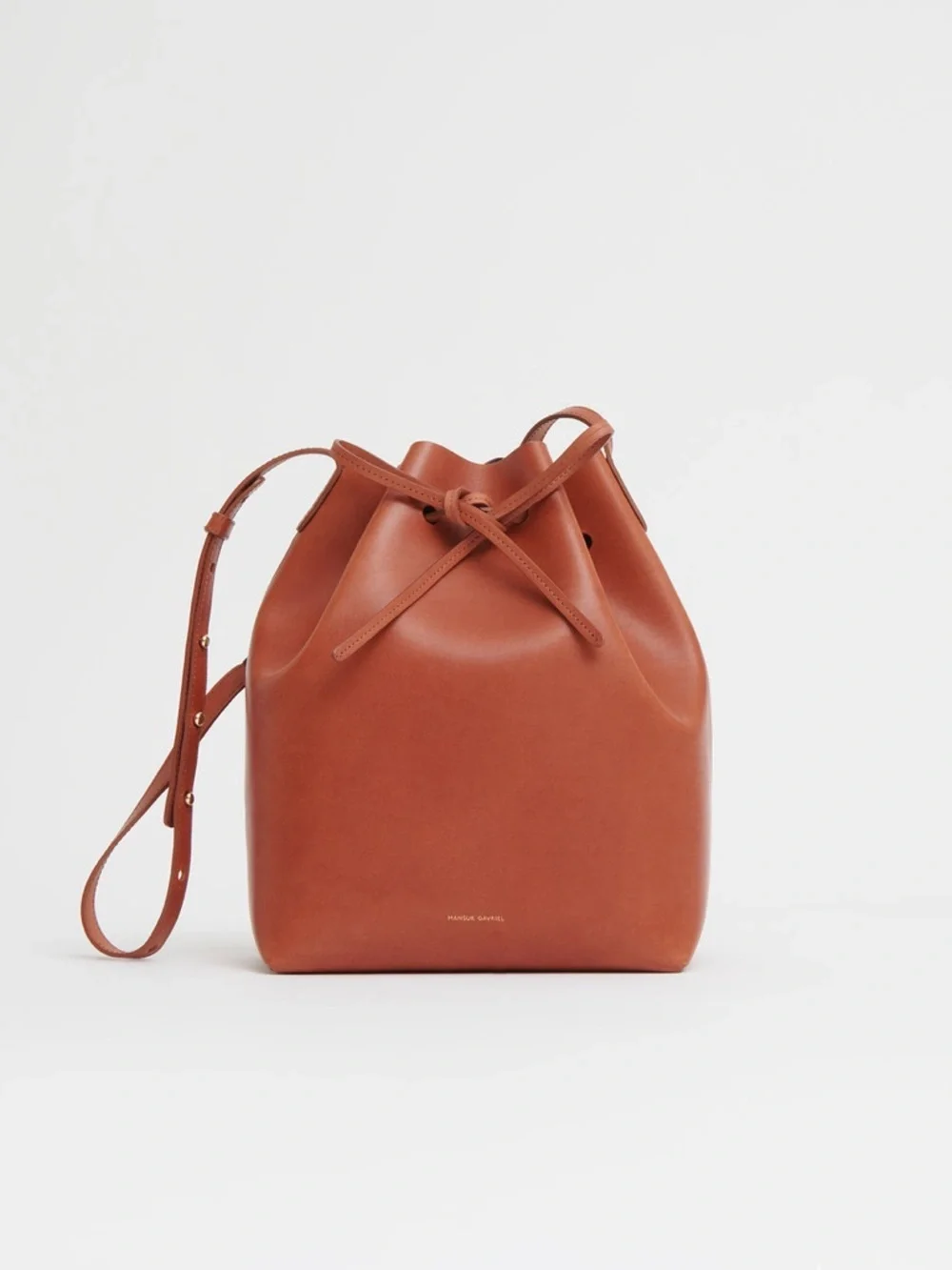 Mansur Gavriel Leather Drawstring Bucket Bag in Cognac Brown